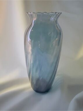 Blue Art Glass Vase 7" Swirl Glass Iridescent Ruffled Rim Mexico Hand Made